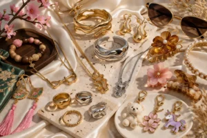 A high-end flat lay featuring 2026 fashion jewelry trends, including gold-plated bracelets, stainless steel rings, liquid-metal style necklaces, New Chinese Style earrings, resin hair clips, pearl accessories, and cute bag charms displayed on satin fabric.