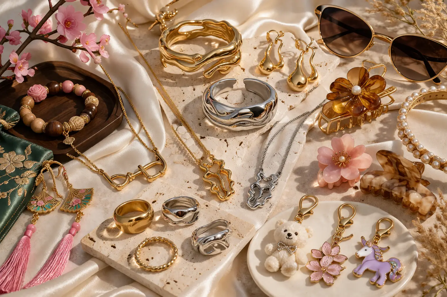 A high-end flat lay featuring 2026 fashion jewelry trends, including gold-plated bracelets, stainless steel rings, liquid-metal style necklaces, New Chinese Style earrings, resin hair clips, pearl accessories, and cute bag charms displayed on satin fabric.