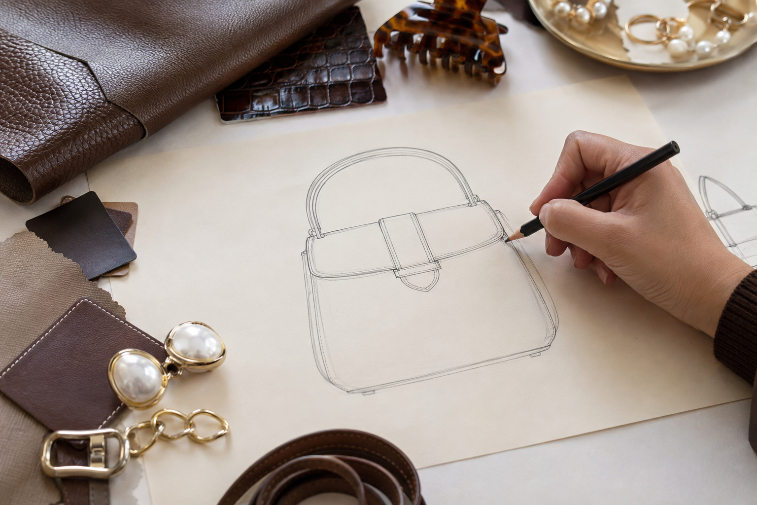 Design development concept with technical sketches, material swatches and accessory samples
